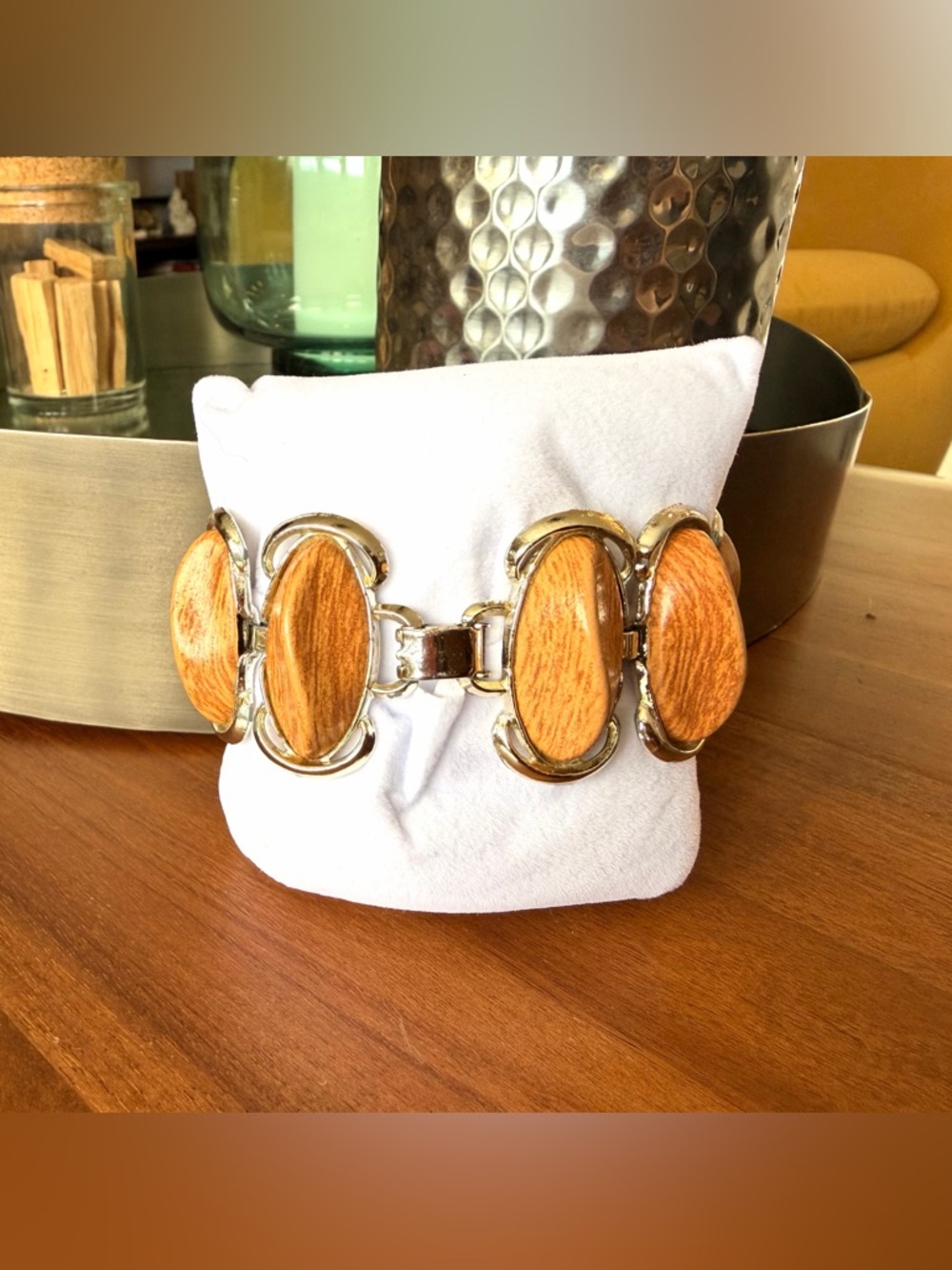 Vintage Silver and Faux Wood Link Bracelet - Picture 4 of 8